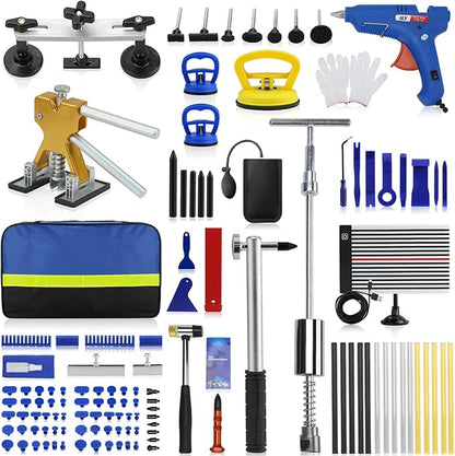 128PCS Dent Removal Kit,Paint-Safe Dent Removal Tools, DIY Dent Puller Set with Golden Lifter, T-Bar, Bridge Suction Cup Puller, Rubber Hammer  Glue Gun for Car Dent Removal