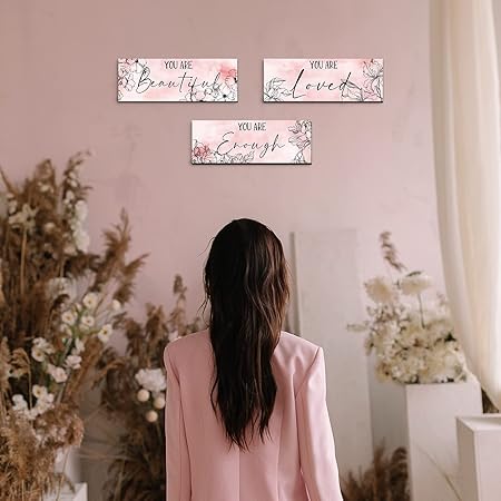 Yookeer 3 Pcs Floral Wooden Hanging Wall Art Inspirational Quotes You Are Beautiful Room Picture Decor Thank you Birthday Women Gift Teacher Assistant(4 x 11 Inch,Pink)
