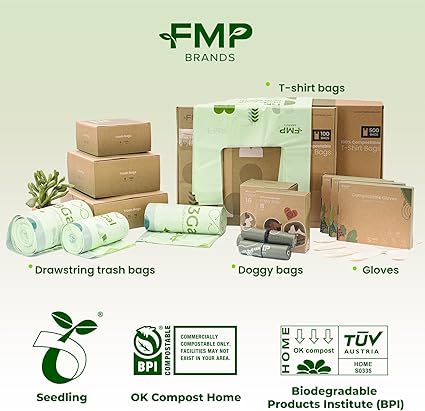 FMP Brands 800 Count 4 Gallon 100 Compostable Trash Bags with Drawstring, Extra Thick 0.8 Mil, Leak-Proof Small Kitchen Garbage Bag, Waste Basket Liners, ASTM D6400, US BPI, OK Compost Certified