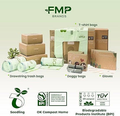 FMP Brands 800 Count 4 Gallon 100 Compostable Trash Bags with Drawstring, Extra Thick 0.8 Mil, Leak-Proof Small Kitchen Garbage Bag, Waste Basket Liners, ASTM D6400, US BPI, OK Compost Certified