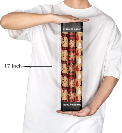 MAYPLUSS Kraft Christmas Wrapping Paper Roll - Mini Roll - 17 inch X 120 inch Per roll - 3 Different Red Reindeer  Snowflakes Design (42.3 sq.ft.ttl)