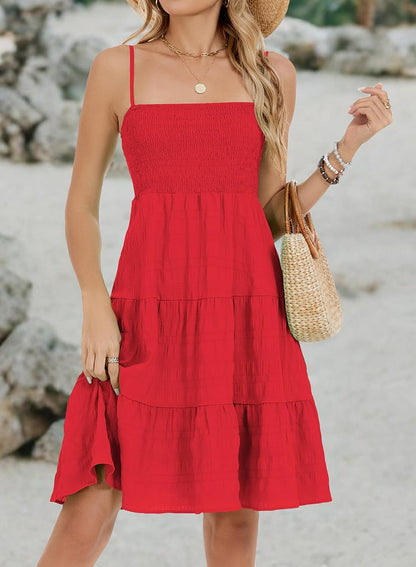 Womens Casual Summer Spaghetti Strap Smocked A Line Beach Vacation Sun Dress Above The Knee