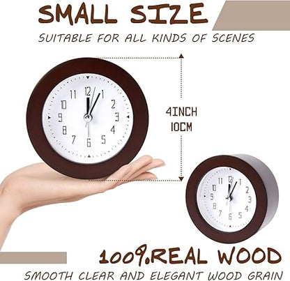 Wooden Analog Alarm Clock Silent Non-Ticking Desk Clock Battery Operated Table Clock with Nightlight for Bedroom,Children's Room, Living Room,Brown(4Inch)