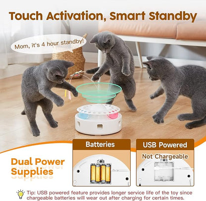Potaroma Cat Toys 3in1 Automatic Interactive Kitten Toy, Fluttering Butterfly, Moving Ambush Feather, Track Balls, Dual Power Supplies, USB Powered, Indoor Exercise Kicker (Bright White)