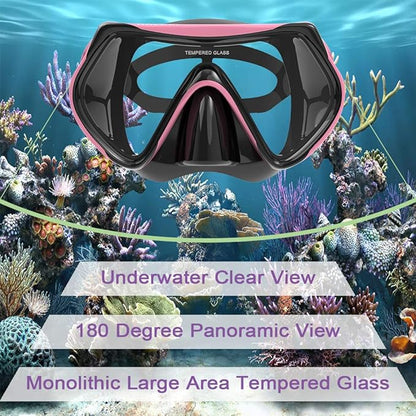 WACOOL Professional Snorkeling Snorkel Diving Scuba Package Set with Anti-Fog Coated Glass Purge Valve and Anti-Splash Silicon Mouth Piece for Men Women (Kids,Pink)