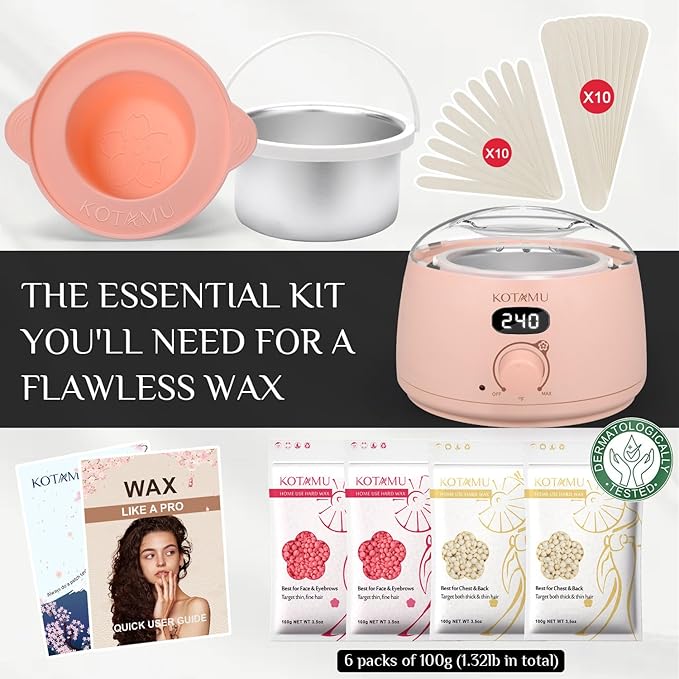KOTAMU Pink Women & Men Hot Wax Warmer Pot for Face, Eyebrow, Body, Brazilian, Bikini, Sensitive Skin Waxing Machine for Home Salon