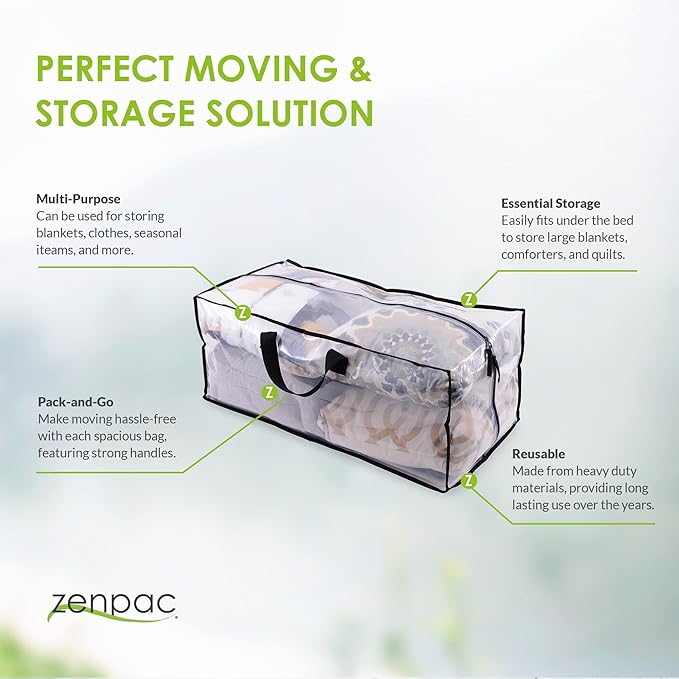 ZENPAC Large Blanket Storage with Handles, Zippered Clear Bags, Heavy Duty, Waterproof for Packing Clothes, Linens, Comforters, 27x12x13.75 3 Pack