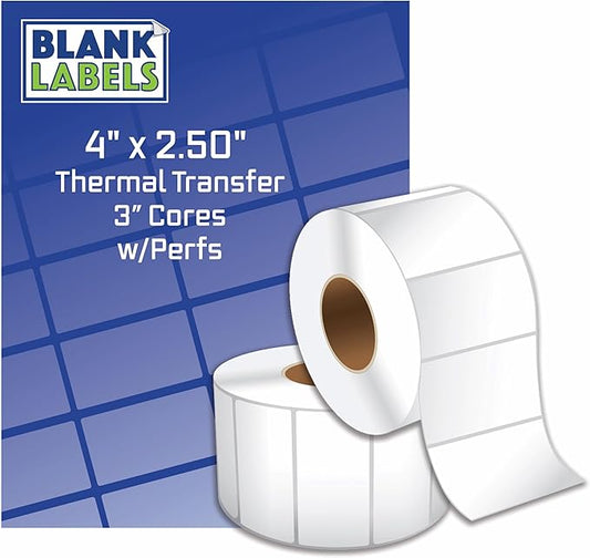 Blank Labels Shipping and Printer Labels 4" x 2.50" Thermal Transfer Labels on 3" Cores with Perfs Between Labels, WO, 2,400 Labels per Roll Matte White 1 Roll Total Made in USA