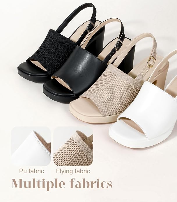 Ankis Black White Nude Heels Platform Heeled Sandals Knit Chunky Block Elastic Slingback Open Toe Ankle Strappy Heels.