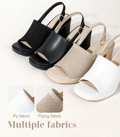 Ankis Black White Nude Heels Platform Heeled Sandals Knit Chunky Block Elastic Slingback Open Toe Ankle Strappy Heels.