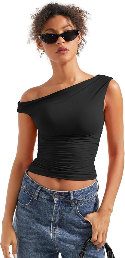 SUUKSESS Women Off Shoulder Tops Sleeveless Shirts Y2K Going Out Crop Tank Top
