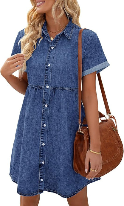 LookbookStore Women's Short Sleeve Button Down Flowy Tiered Babydoll Denim Dress .