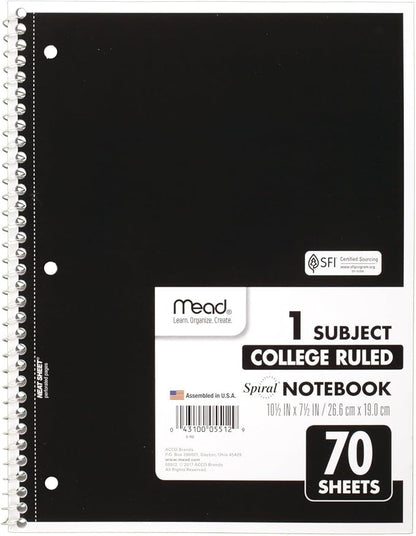 Mead Spiral Notebooks, 1 Subject, College Ruled, 70 Sheets, Black (05512AA5)