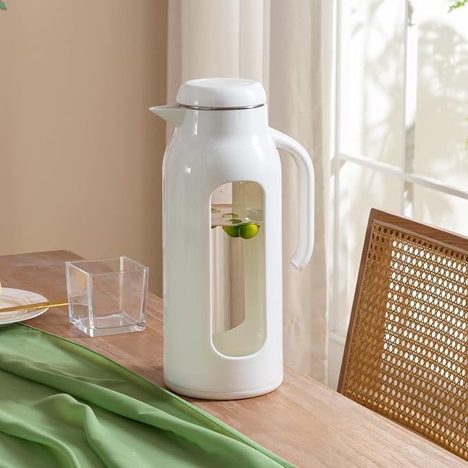 Delove 85oz/2.5 Liter Glass Water Pitcher with Lid and Shatterproof Shell - Iced Tea Pitcher&Carafe - Heat Resistant Glass Jug Water Carafe with Handle for Juice, Cold or Hot Beverages -White