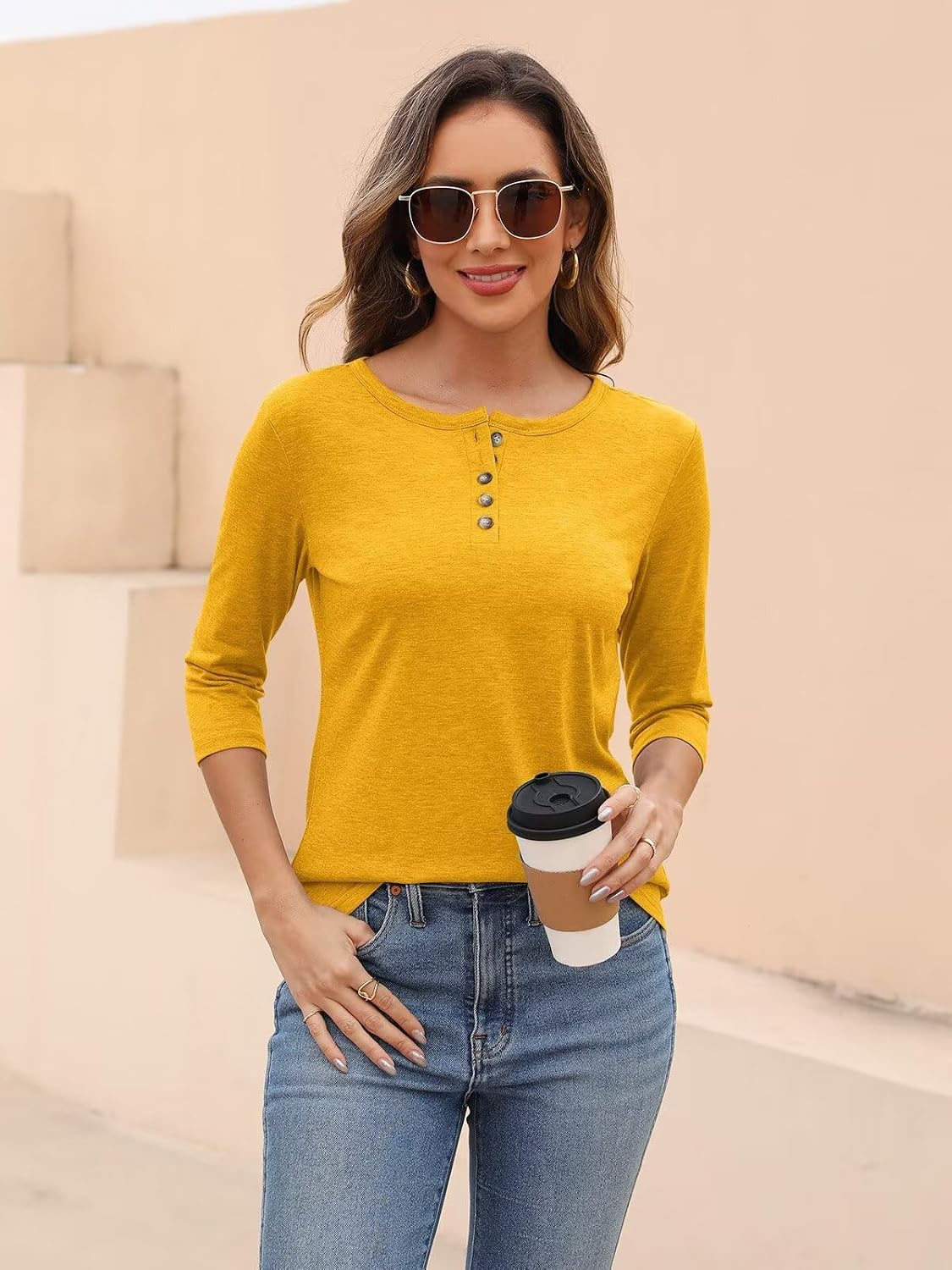 EADINVE Womens Crew Neck 3/4 Sleeve Tops Basic Button T-Shirts Solid Loose Cute Tunic Tee Blouses Fit Pullover