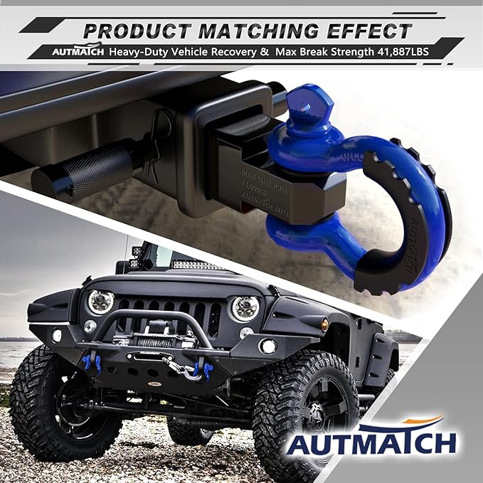 AUTMATCH D Ring Shackle 34" Shackles (2 Pack) 41,887Ibs Break Strength - Clevis Shackle with 78" Screw Pin and Shackle Isolator Washers Kit for Tow Strap Winch Off Road Vehicle Recovery, Blue