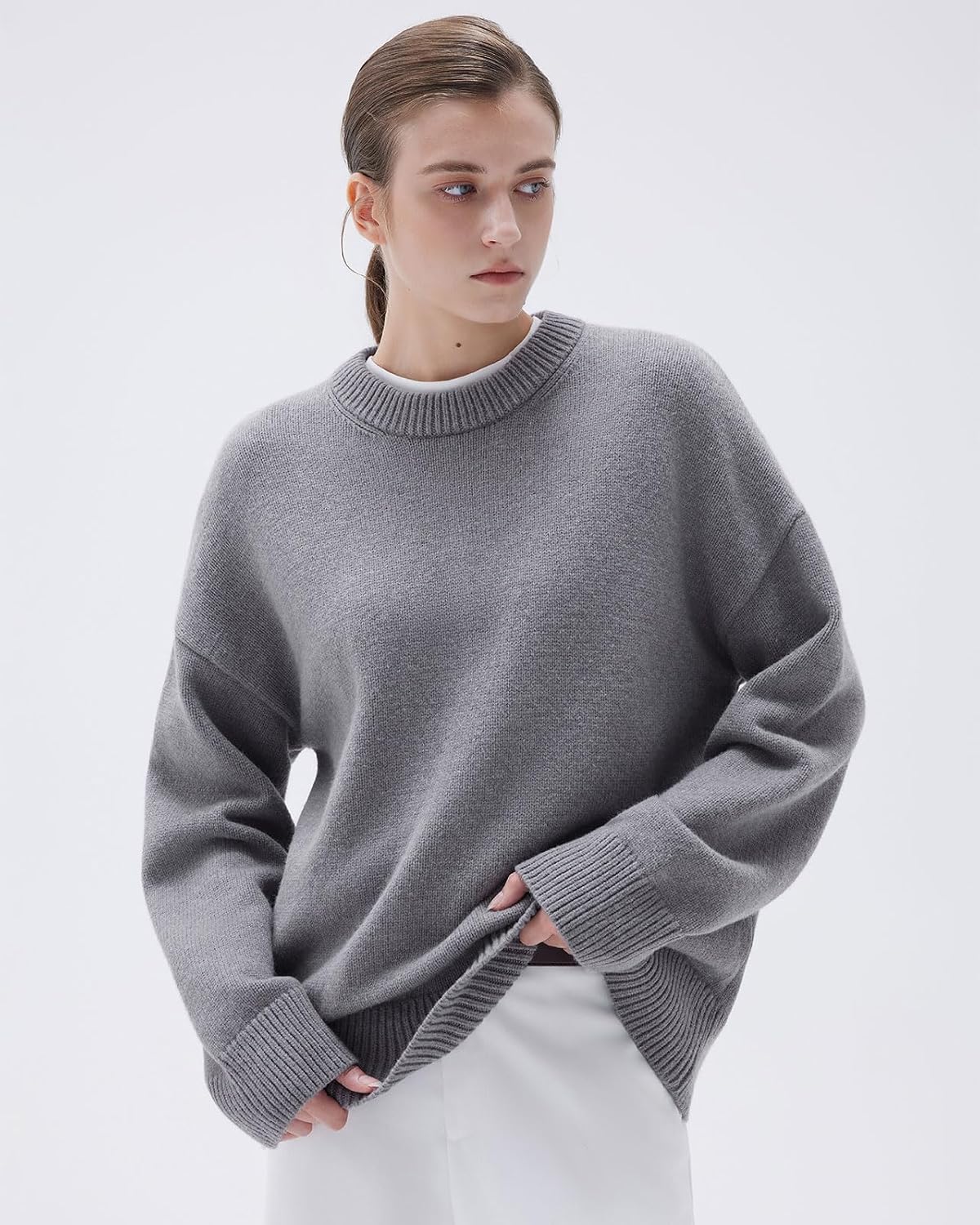 SUUKSESS Women Cashmere Blend Oversized Sweaters Long Sleeve Pullover Tops | Quiet Luxury Style, Crew Neck Jumpers, Dropped Shoulders, Casual Loos Fit, Fall Fashion Outfits, Work Travel Daily Wear