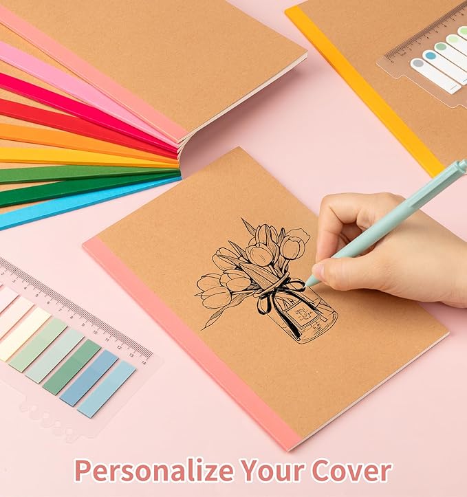 60 Pack Composition Notebook Journals Bulk, A5 Lined College Ruled Notebook, Kraft Cover with Rainbow Spines, 8.3x 5.5, 15 Colors 60 Pages for School Office Travel
