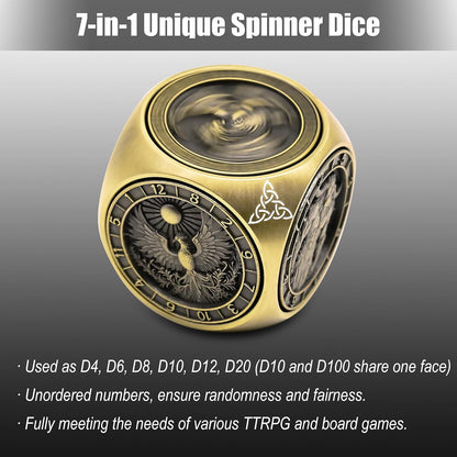 DND Spinner Dice, 7 in 1 Unique Metal Dice Set with 3D Relief for Dungeons and Dragons Gifts, Cool Polyhedral Role Playing Game Dice, Fantasy D&D Tabletop RPG Accessories for DM & Player (Bronze)