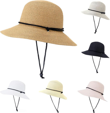 Sun Hat for Women Wide Brim 2026 Stylish Straw Beach Travel with Wind Lanyard New Floppy Summer Hats