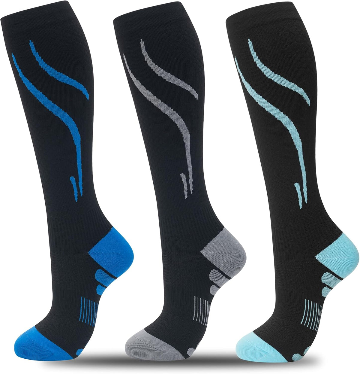fenglaoda 3 Pairs Compression Socks for Women & Men Knee High Nurse Pregnant Cute Medical Running Travel Athletic ( 2 Blue-1Yellow )