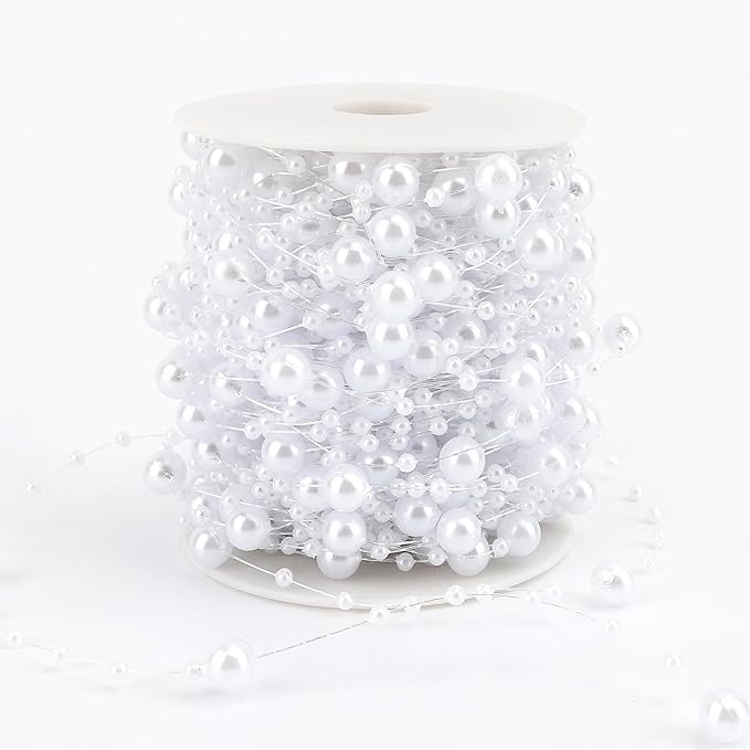 Pearl Bead Garland 98 Ft Artificial Pearls String Strand of Pearls Beads Chain Pearl Garland Roll Bead Garland for Christmas Tree DIY Crafts Bouquet Home Wedding Party Decorations(White)