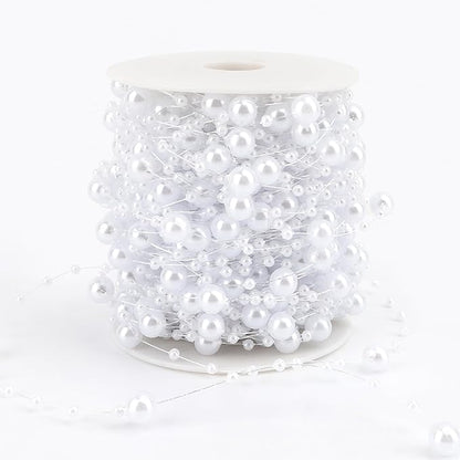 Pearl Bead Garland 98 Ft Artificial Pearls String Strand of Pearls Beads Chain Pearl Garland Roll Bead Garland for Christmas Tree DIY Crafts Bouquet Home Wedding Party Decorations(White)