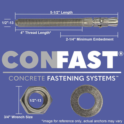 CONFAST 1/2" x 5-1/2" Wedge Anchor Zinc Plated (Box of 25)