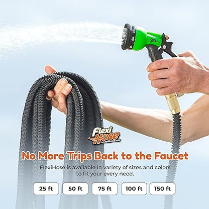 Flexi Hose with 8 Function Nozzle Expandable Garden Hose, Lightweight  No-Kink Flexible Garden Hose, 34 inch Solid Brass Fittings and Double Latex Core, 25 ft Blue Black