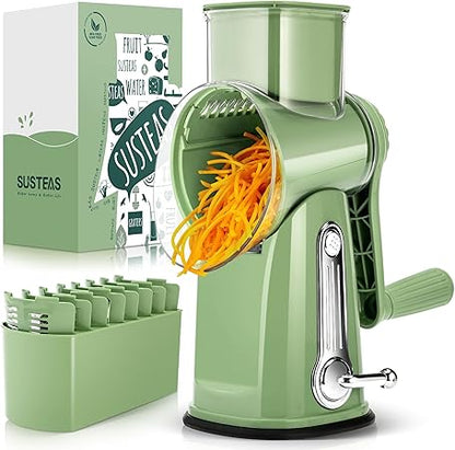 SUSTEAS Rotary Cheese Grater with Handle - Vegetable Shredder with 5 Well-designed Blades  Strong Suction Base,Round Mandoline Slicer  Food Chopper for Kitchen,with Blade Storage Box(Retro Green)