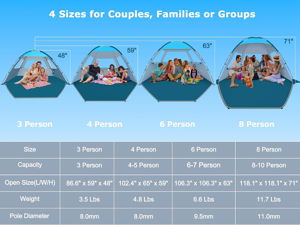 Beach Tent Sun Shade for 3/4-5/6-7/8-10 Person, UPF 50+ Beach Sun Shelter Canopy Tent, Lightweight, Easy Set Up and Carry (3 person)