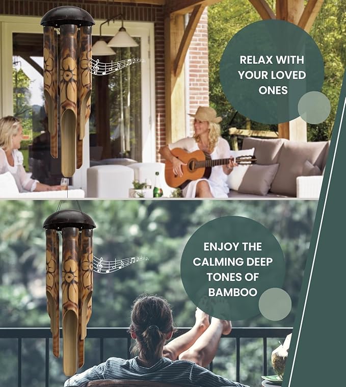 Rustic Bamboo Wind Chimes - Outside Outdoor Wooden Windchimes, Medium, Floral Burned Design with Coconut Crown, Handcrafted with Calming Deep Tones, Home Decor Ideal Gift for Him  Her