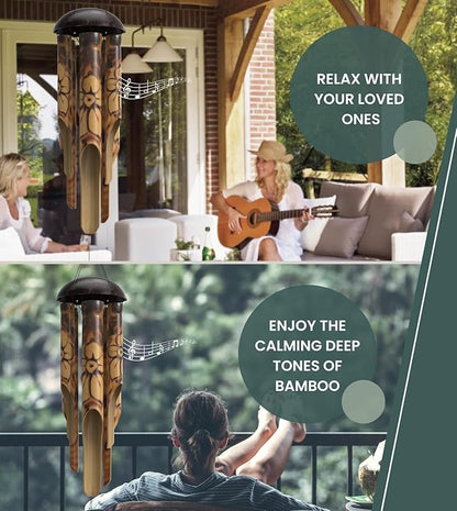 Rustic Bamboo Wind Chimes - Outside Outdoor Wooden Windchimes, Medium, Floral Burned Design with Coconut Crown, Handcrafted with Calming Deep Tones, Home Decor Ideal Gift for Him  Her