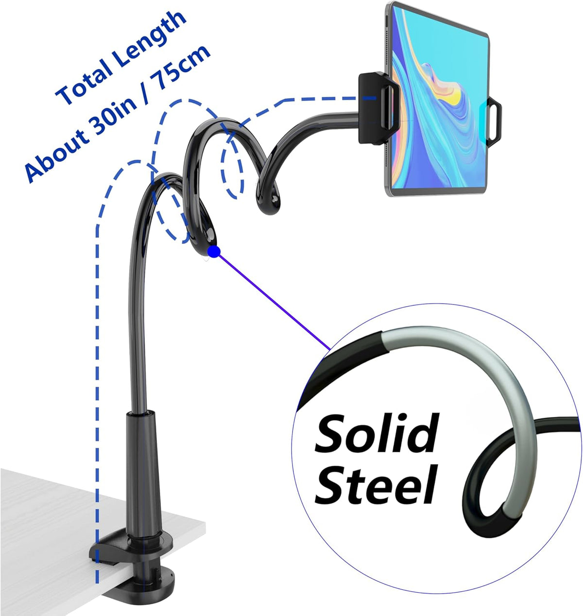Tablet Stand Holder, Mount Holder Clip with Grip Flexible Long Arm Gooseneck Compatible with ipad iPhone/Nintendo Switch/Samsung Galaxy Tabs/ Kindle Fire HD - Black