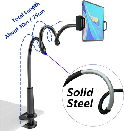 Tablet Stand Holder, Mount Holder Clip with Grip Flexible Long Arm Gooseneck Compatible with ipad iPhone/Nintendo Switch/Samsung Galaxy Tabs/ Kindle Fire HD - Black