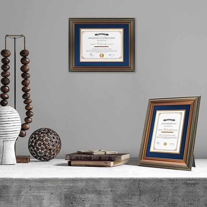 XUANLUO 11x14 Picture Frames Certificate Document Frame with Tempered Glass Wood Grain Color Diploma Frames 8.5x11 with Blue Mat for Wall and Tabletop Brown 1Pack