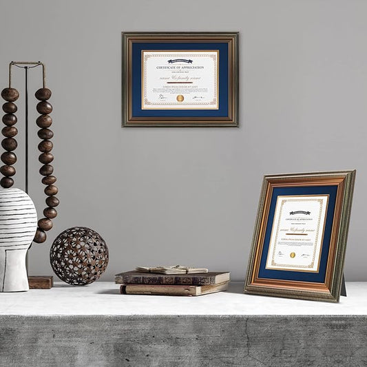 XUANLUO 11x14 Picture Frames Certificate Document Frame with Tempered Glass Wood Grain Color Diploma Frames 8.5x11 with Blue Mat for Wall and Tabletop Brown 1Pack