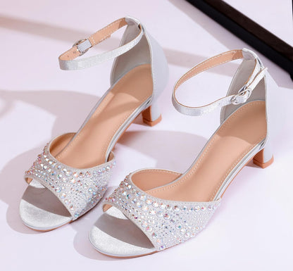 9.5 Size, DADAWEN Women's Dressy Rhinestone Low Kitten Heel Ankle Strap Open Toe Sandals Dress Shoes Pump Sandals for Wedding Party Evening.