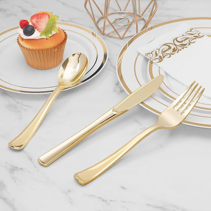 25 Pack 6.9 Inch Gold Plastic Spoons, Heavy Duty Plastic Silverware, Heavyweight Gold Disposable Spoons, Disposable Serving Utensils for Catering, Parties, Dinners, Weddings, Christmas