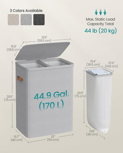 SONGMICS Laundry Basket, 170L Laundry Hamper with Lid, 2 Removable Bags