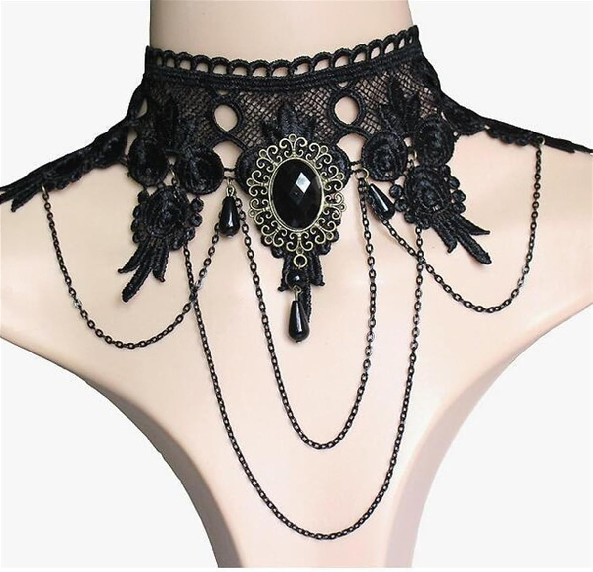 Dreuyet Black Choker Lace Necklace Bracelet Earrings Set for Women Elegant Sexy Vintage Princess Black Lace Gothic Statement Jewelry Set Victorian Lolita Choker Vampire Chain Halloween Costumes ( gold-black )