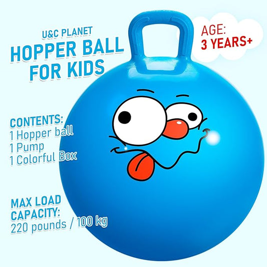UC Planet Hopper Ball 18 inches Bouncy Ball with Handle for Kids Age 3-6 Hoppity Hop Sit and Bounce Jumping Hopping Ball with Pump and Gift Box Great Gift for Birthday Christmas, Blue