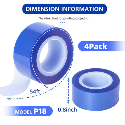P18 – Blue Heat Tape for Vinyl Sublimation and Heat Transfer – Oxidation and High-Temperature Resistant – Residue-Free – 4-Pack – 0.8" x 54 ft