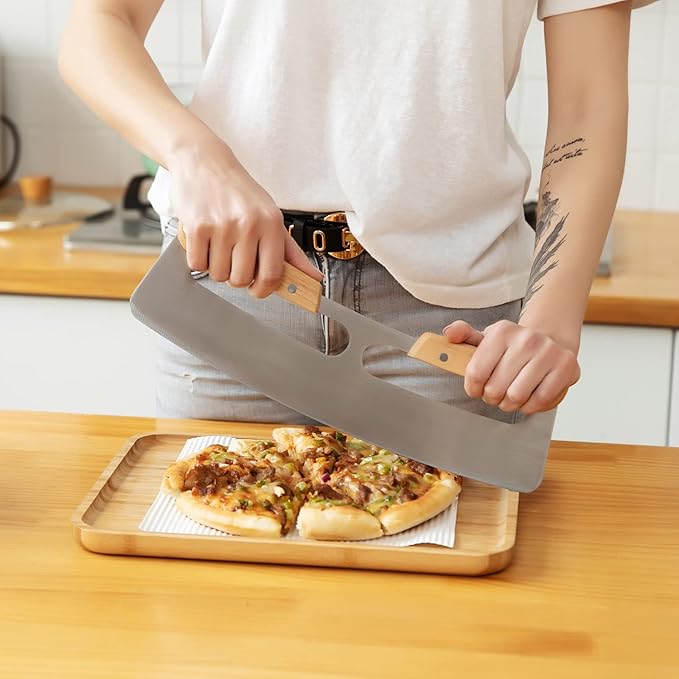 Pizza Cutter Rocker with Wooden Handles  Protective Cover, 14" Sharp Stainless Steel Pizza Slicer Wheel, Big Pizza Knife Cutters for Kitchen Tool (14inch)