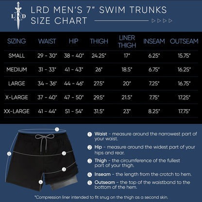 LRD Mens Swim Trunks with Compression Liner 7 inch Inseam Quick Dry Swim Shorts