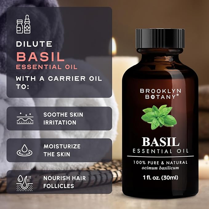Brooklyn Botany Basil Essential Oil  100 Pure and Natural  Premium Grade Oil with Dropper - for Aromatherapy and Diffuser - 1 Fl Oz
