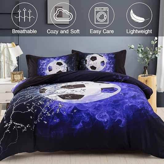 WONGS BEDDING Soccer Duvet Cover Set Twin Sports Blue Flame 3D Printed Soccer Comforter Cover Set with 1 Pillowcase for Kids Boys Soft Microfiber Twin Size 68"x 86"(Not Comforter)