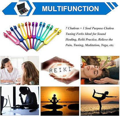 TENFLY Tuning Forks Set for Healing, 7 TENFLY 1 Soul Purpose Weighted Tuning Forks with Exquisite Aluminum Gift Box, Multicolor, (126.22 Hz, 136.1 Hz, 141.27 Hz, 172.06 Hz etc.)