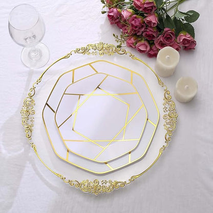Efavormart 10 Pack | 10" White/Gold Geometric Design Plastic Dessert Plates, Disposable Octagon Salad/Appetizer Party Plates