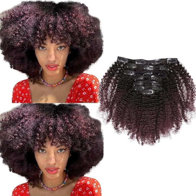Ombre Remy Clip in Human Hair Extensions Afro Kinky Curly For Black Women 4A 4B 100 Human Hair Clip ins Two Tone 1B99J Burgundy Wine Red Full Head (10 inch,T1B99J AC)